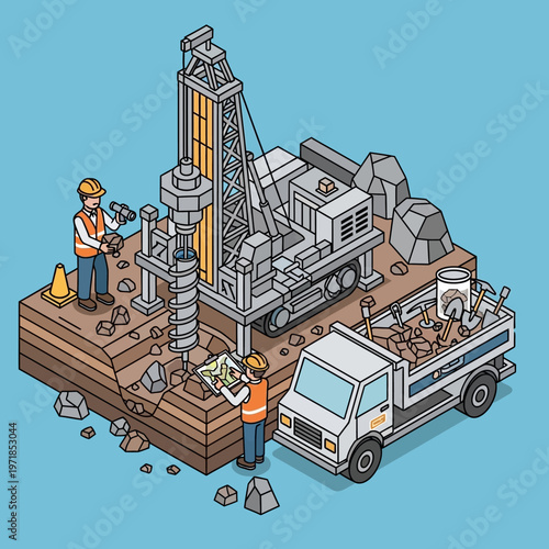 Isometric illustration of workers at a mining site with a drilling rig and truck.