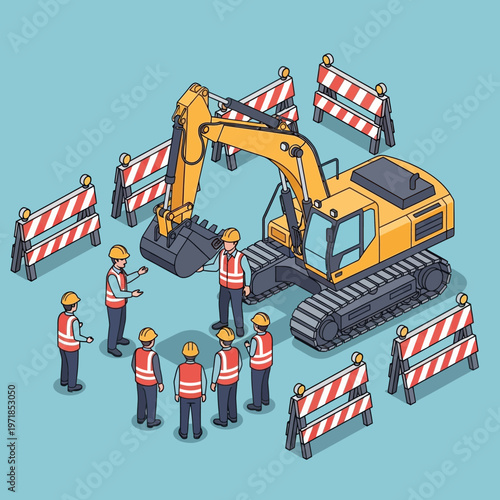 construction workers around an excavator.