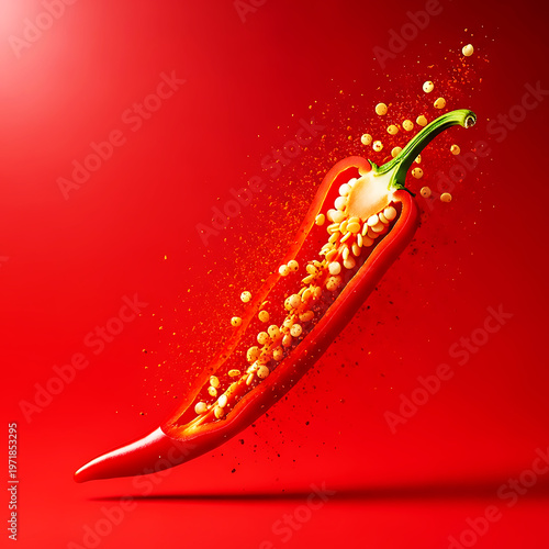 Explosion of red chili pepper seeds and spicy powder against vibrant red background in studio shot
