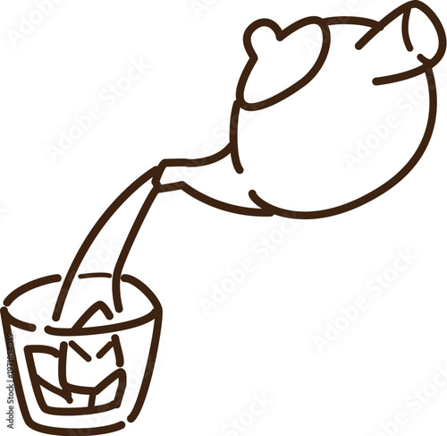 急須でグラスにお茶を注ぐ　線画