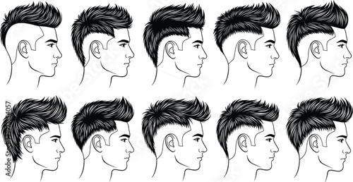 Modern men hairstyle silhouettes showing fade, undercut, pompadour, side profile haircut variations, contemporary grooming fashion vector illustration design