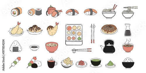 Assorted japanese cuisine illustrations on black background