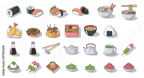 Assorted japanese food icons on dark background