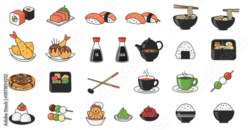 Assorted japanese cuisine illustrations on black background
