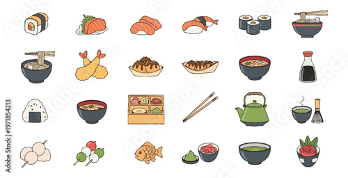 Assortment of illustrated japanese food items against a black backdrop
