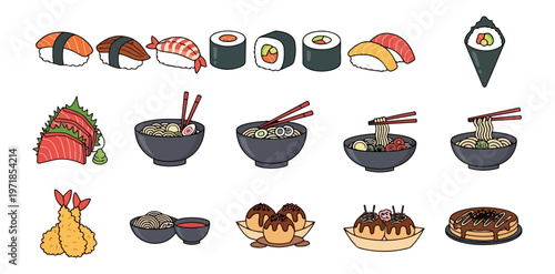 Assortment of japanese cuisine dishes on dark background