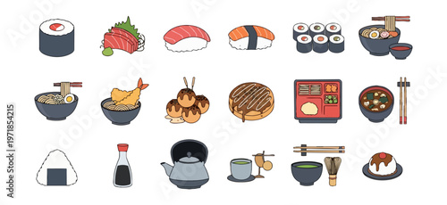 Assortment of japanese cuisine dishes on dark backdrop