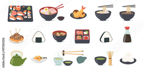 Assorted japanese cuisine illustrations on black background