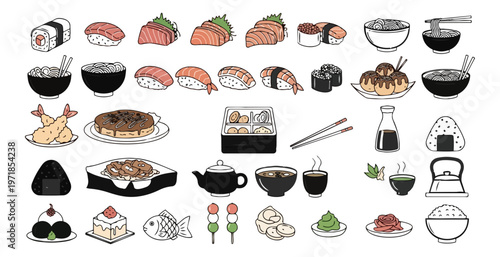 Assortment of japanese cuisine elements on black background