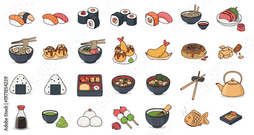 Assortment of japanese cuisine icons on black background