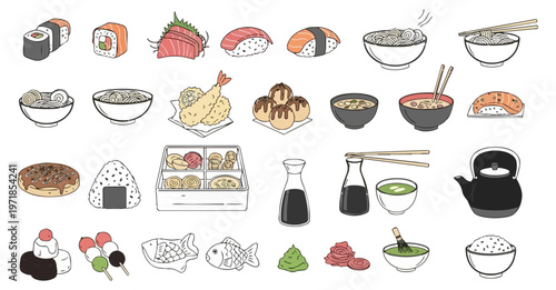 Assortment of traditional japanese food elements on black background