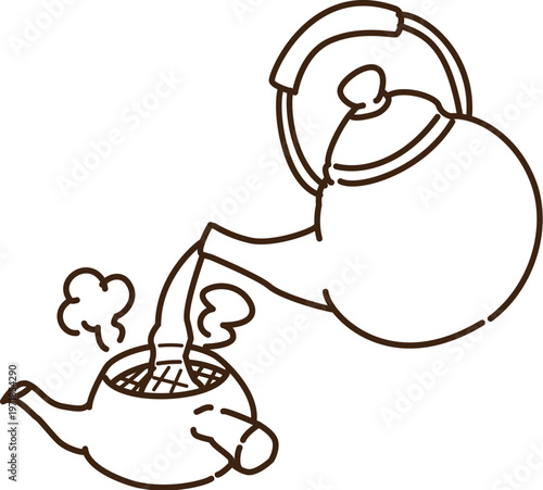 急須にやかんでお湯注ぐ　線画