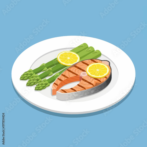 Grilled salmon fillet with asparagus and lemon.