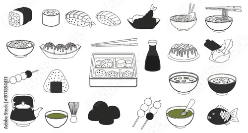 Japanese cuisine illustration diverse food icons on dark background