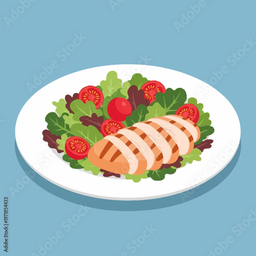 Grilled chicken breast on a salad.