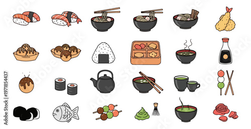 Japanese cuisine assortment sushi ramen and traditional dishes collection