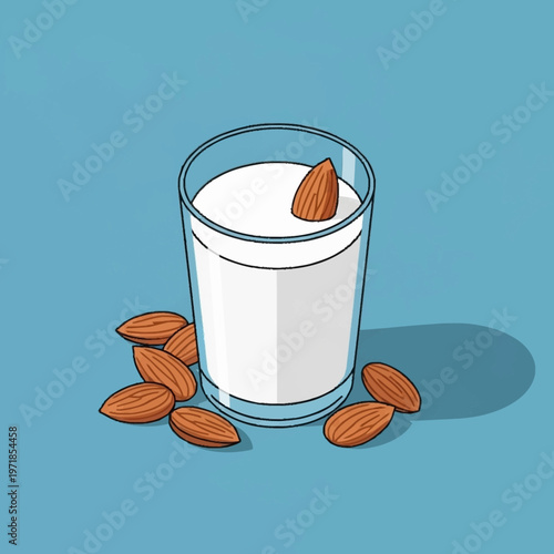 Almond milk in a glass with almonds.