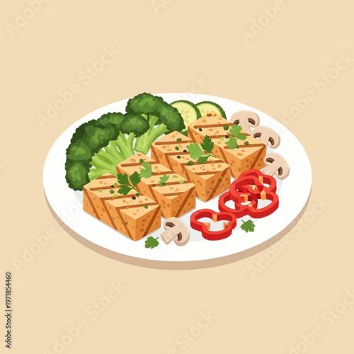 A plate of tofu with vegetables.