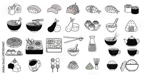 Assorted japanese cuisine illustrations monochrome food vector set
