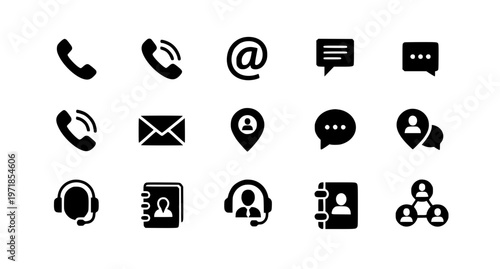 Modern contact and communication icon set 2025 with phone email chat support symbols solid vector