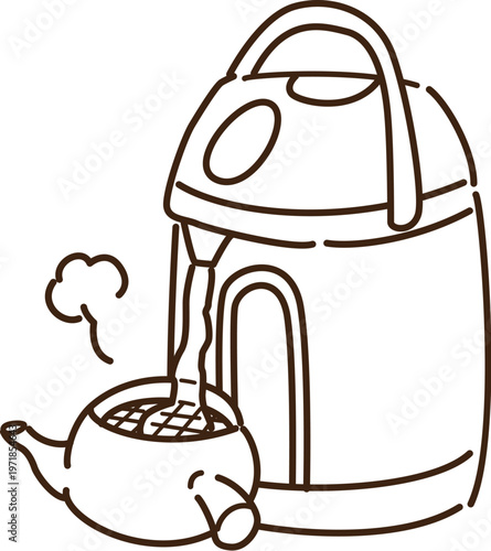 電気ポットで急須にお湯を注ぐ　線画