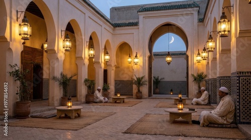 Moroccan riad interior with people.