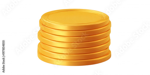 白い背景に孤立した状態で積み上げられた黄金のコインの高品質な3Dイラストレーション。経済的な成功や投資の成果、個人の貯蓄、富の蓄積、そしてビジネスの成長を象徴するシンプルかつモダンなデザインのデジタルアイコン素材です。