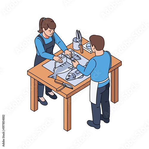 Two people preparing fish at table.