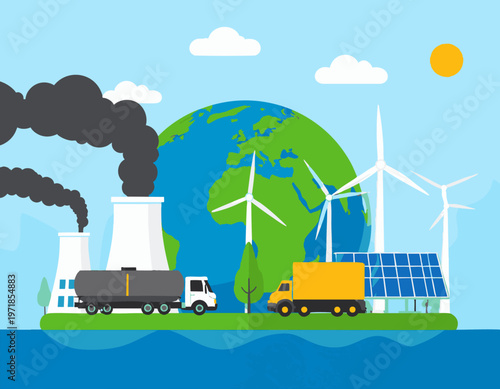 Conceptual vector illustration of contrast between crude oil industry and environment