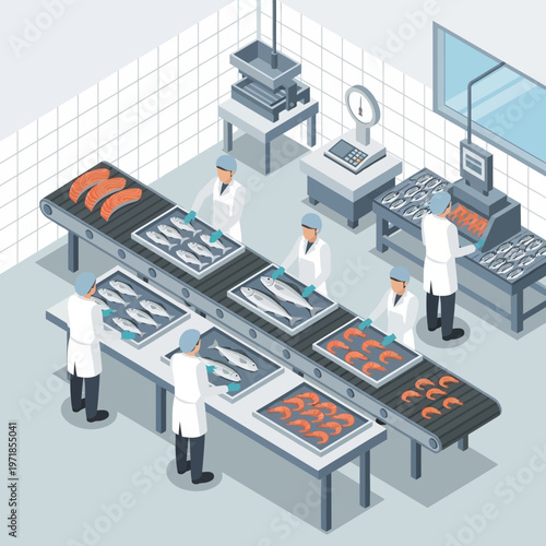 fish processing factory workers at work.