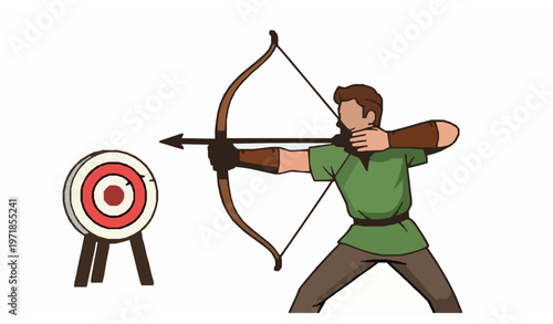 Cartoon man shooting bow at target vector illustration