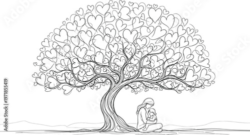 Vector illustration, heart tree, love symbol, romantic icon, line art