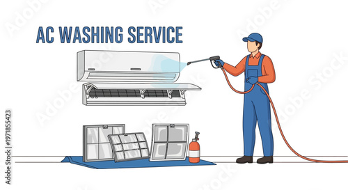 A technician in blue overalls cleans an air conditioner with a high-pressure water spray in a vector illustration, depicting AC washing services against a white backdrop, complete
