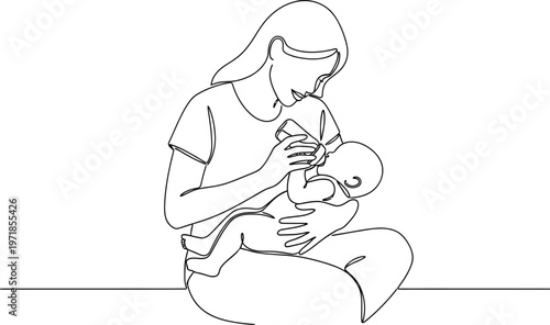Mother breastfeeding baby in a one line drawing style