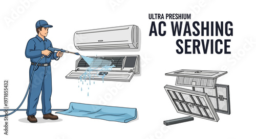 Illustration of a service worker cleaning an air conditioner unit with a pressure washer in a maintenance scene, with components displayed and a blue tarp, against a plain white background