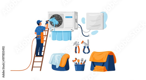 An illustration shows a technician on a ladder cleaning an air conditioner with a spray nozzle in a bright, white setting with tools and a blue bucket conveying a maintenance and repair