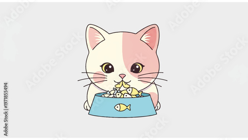 Cartoon Cat Eating from Bowl.