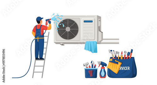 Illustrated air conditioner service technician on a ladder spraying the unit with a hose, while a toolbox with tools sits nearby, set against a clean white background in a cartoon style