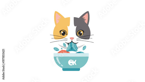 Two cats eating from bowl.