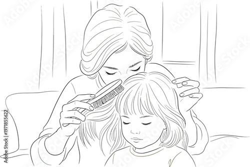 Mother gently brushing her little girl's hair with a comb
