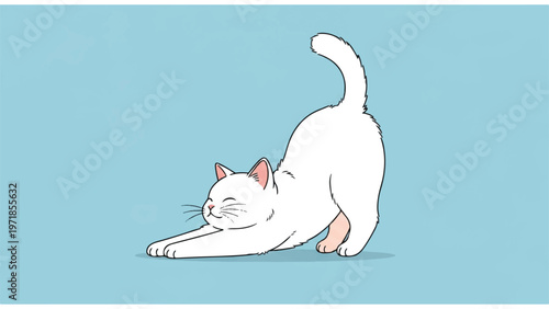 White Cat Stretching on Floor.