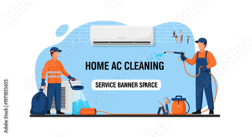 Illustrated banner shows two workers cleaning an air conditioner, one with a spray hose and the other with cleaning supplies, set against a bright blue and white background with text