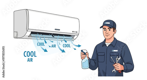 Illustration of a friendly repairman holding a spray bottle and tools next to a white air conditioner unit with cool air flowing, depicted in a clean, cartoon style against a plain white