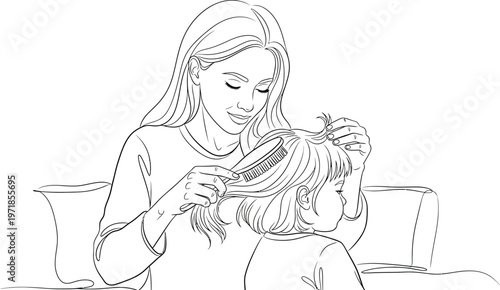 Mother gently brushing her child's hair with a comb and tender care