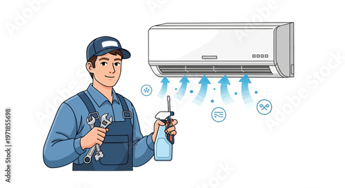 Illustrated technician in a light blue uniform holds tools near an air conditioner, set against a clean white backdrop with faint blue arrows and icons indicating airflow in a modern