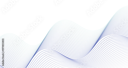 白背景に流れる繊細なブルーラインのウェーブデザイン、清潔感と動きを表現した抽象曲線アート