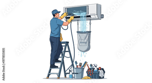 Illustration of a man wearing gloves and a cap, cleaning an air conditioner with water flowing into a bucket, positioned on a ladder with tools, against a clean white background, depicting