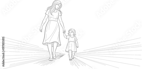 Woman and little girl walking hand in hand down a sunny path together