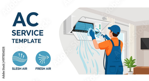 A vector illustration depicts a technician servicing an air conditioner unit indoors, with the unit mounted on a wall and the technician wearing a uniform, set against a bright, clean
