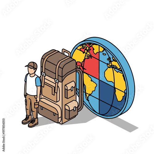 Man with backpack standing next to globe.